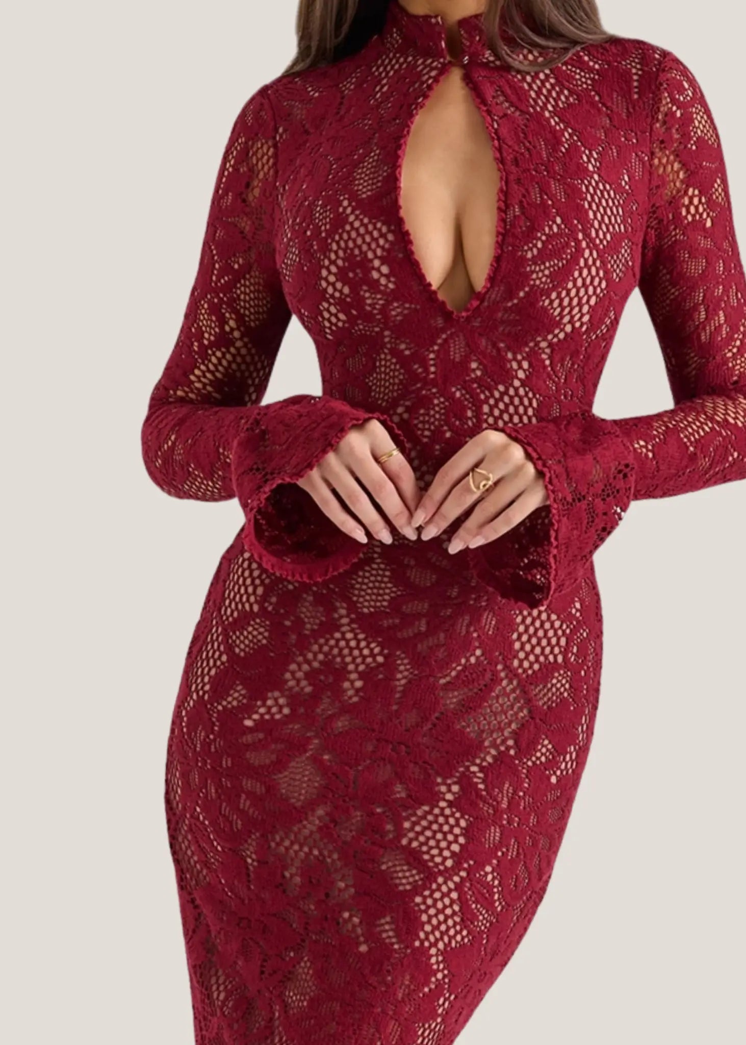 Celine Long Sleeve Lace Midi Dress – Autumn Hollow Slim Elegance – Romancya