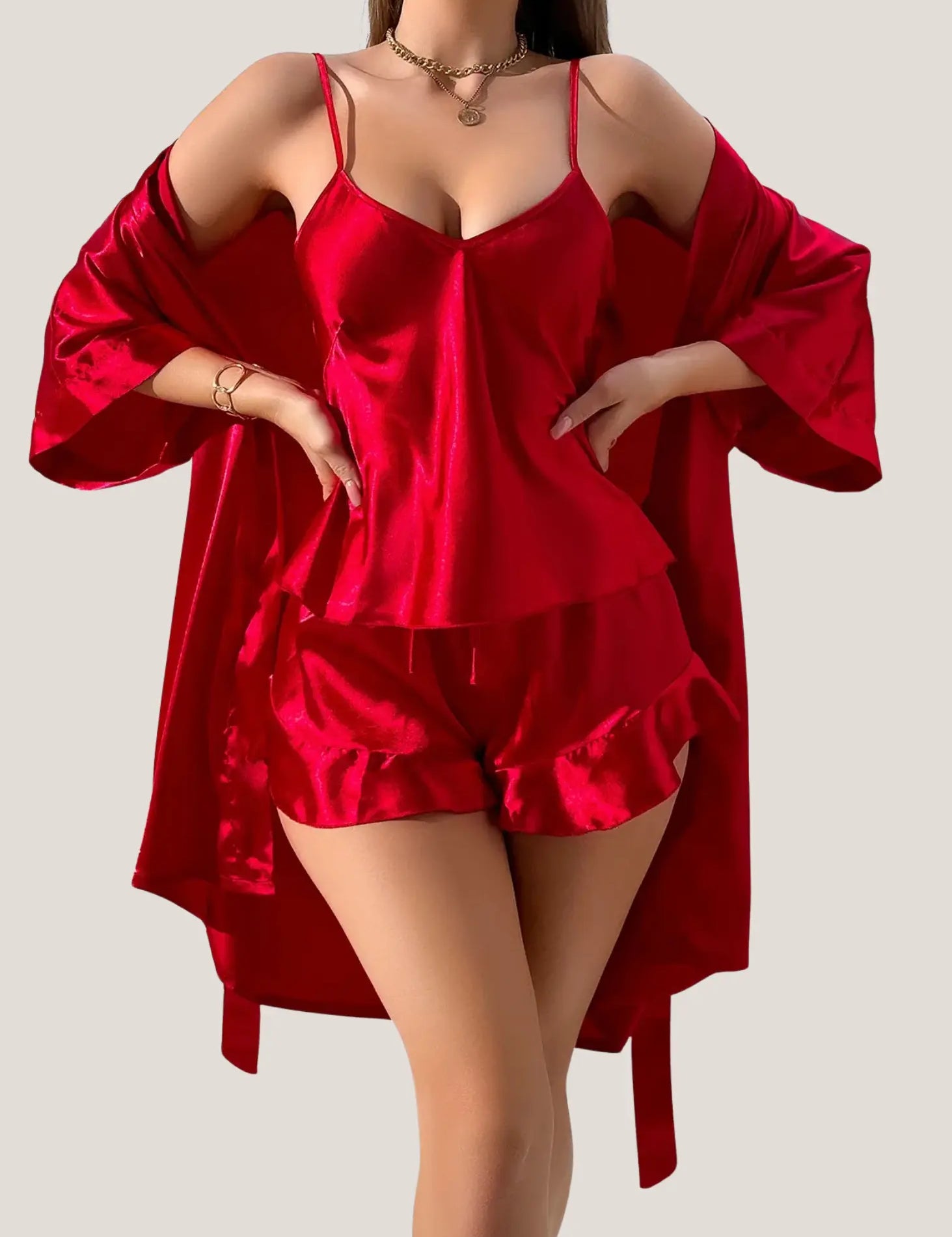 Romantic-Satin-Pajama-Set-3-Piece-Womens-Night-Robe.-Camisole-Shorts-red-1.webp